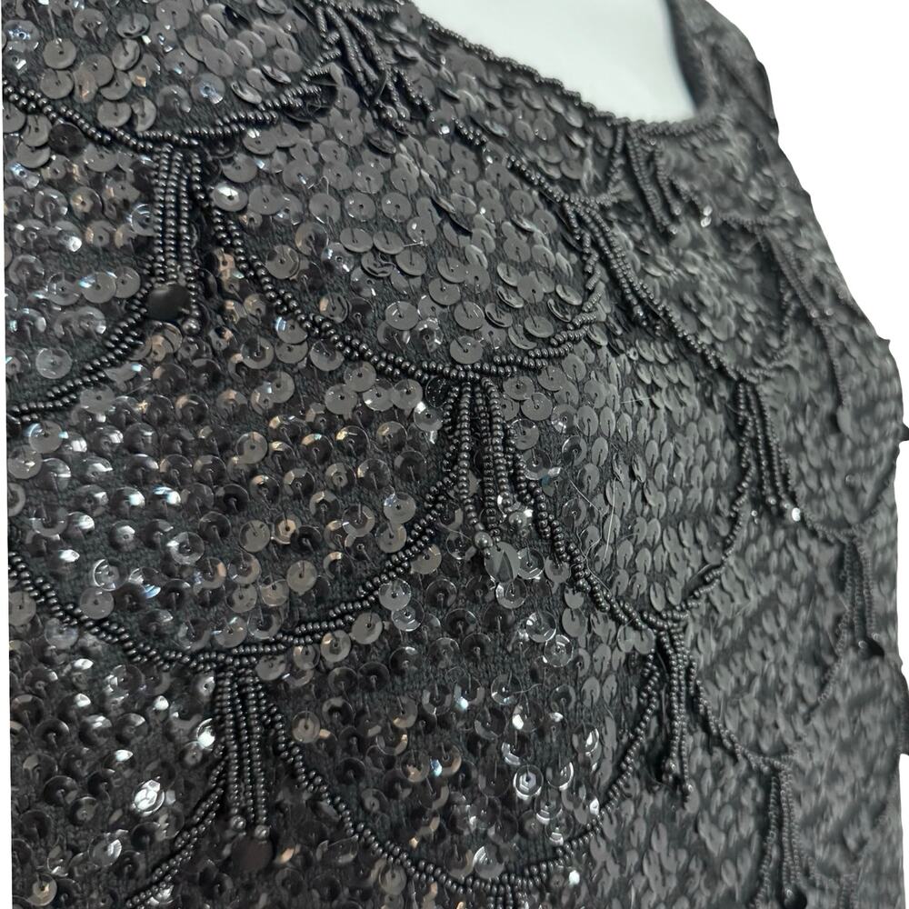 Vintage 70s Black Sequin Scallop Beaded Fringe Black Crop Wool Tank Top size M - Picture 9 of 9